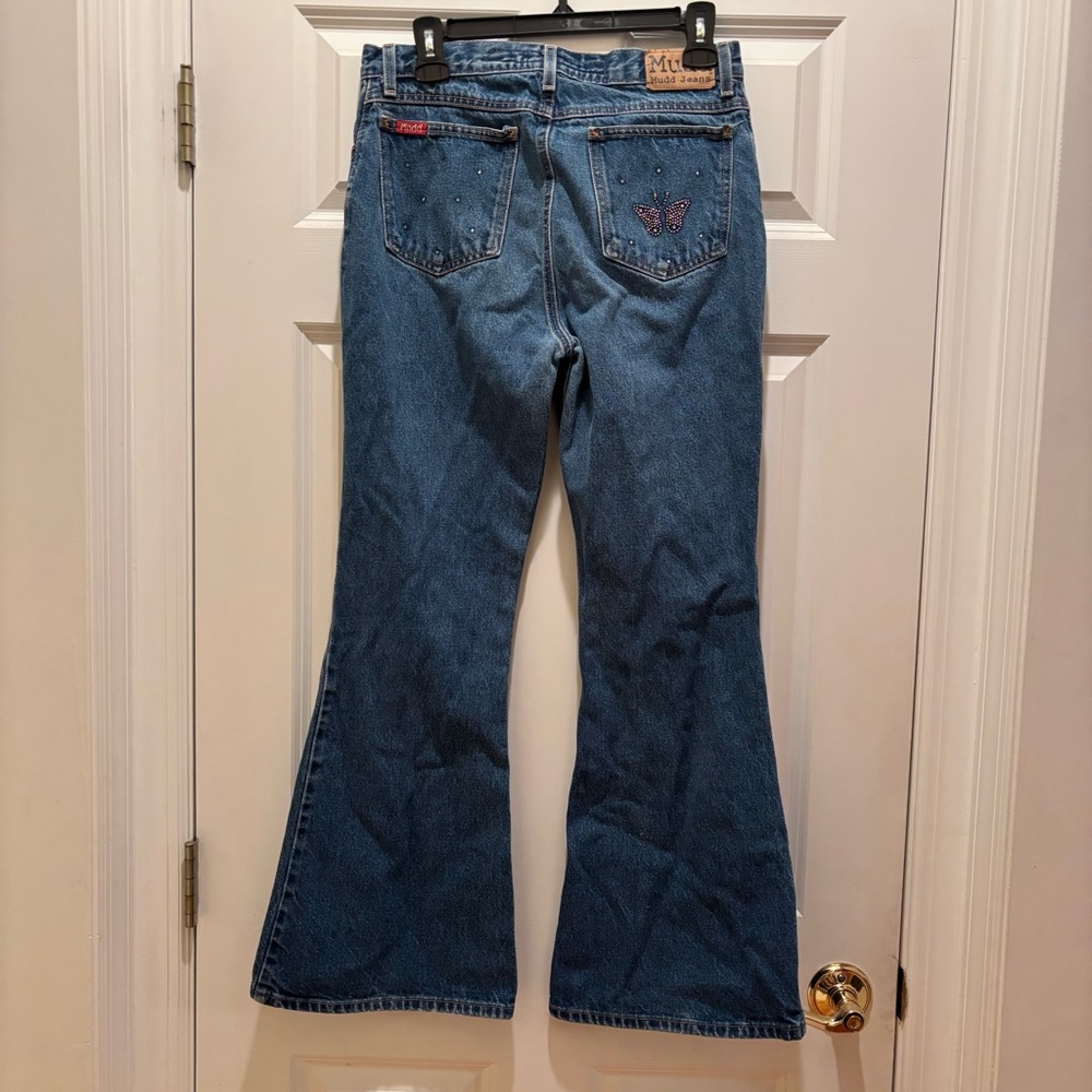 Vintage Y2K Mudd Jeans 30 Flared Leg Rhinestone Butterfly Medium Wash Mid Rise